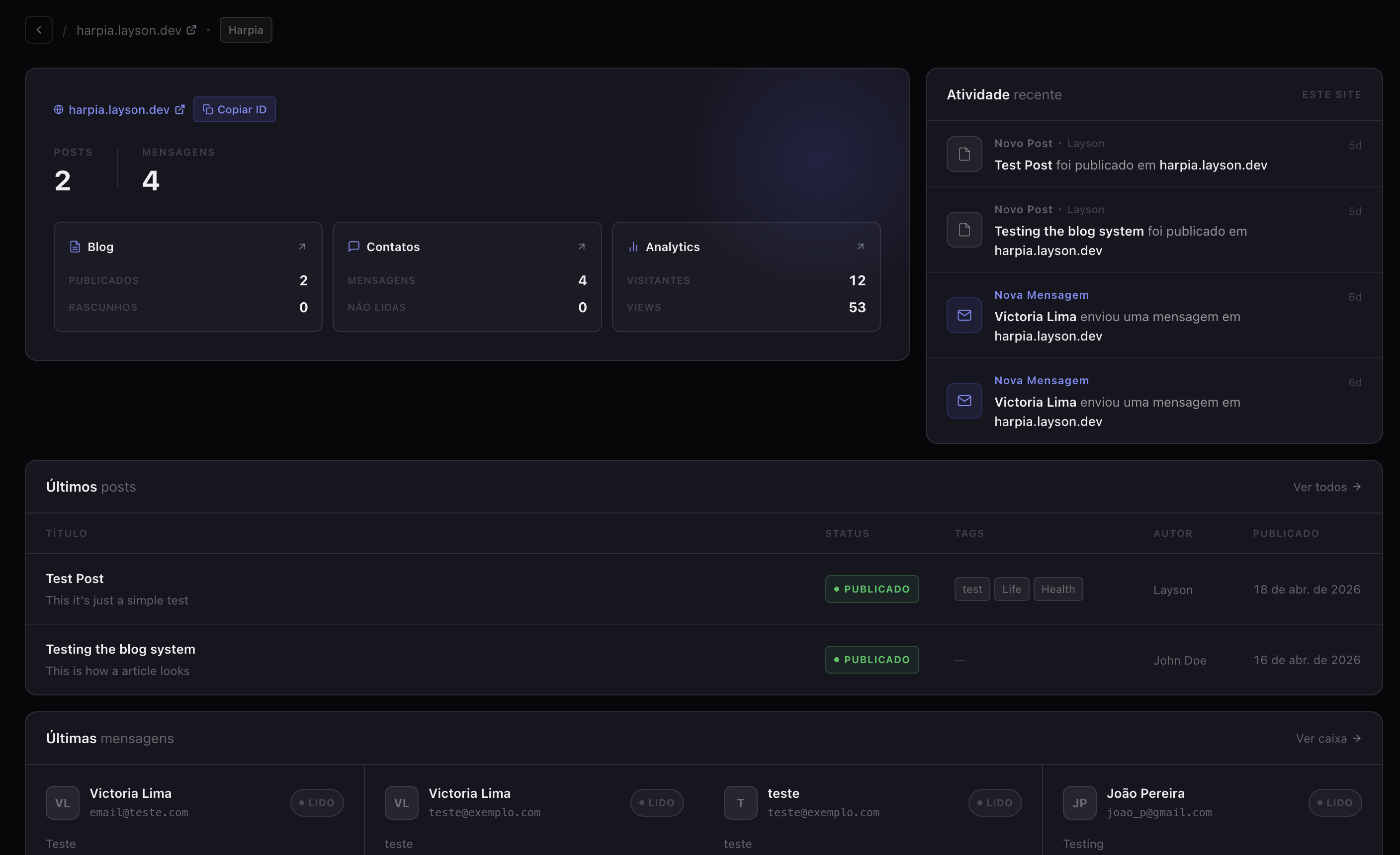 Preview do CMS Criali — Dashboard
